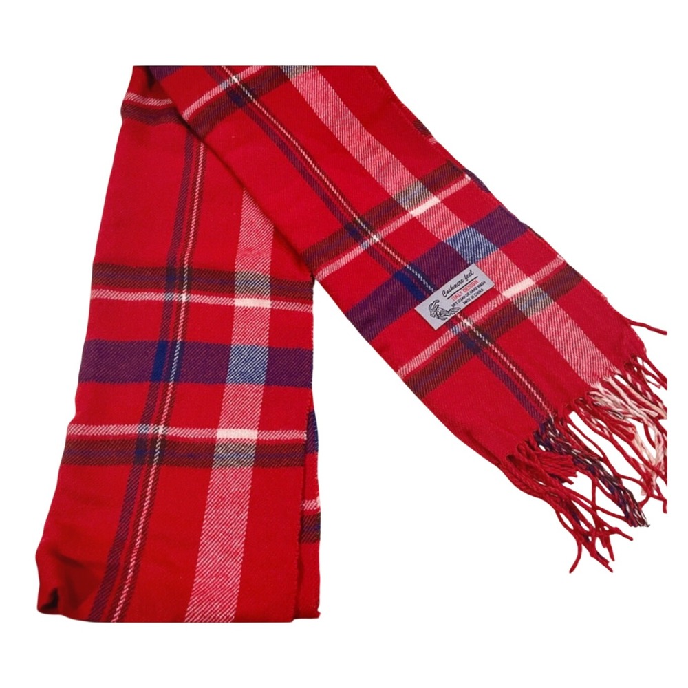 Vintage Red Plaid Scarf Cashmere Feel Italy Design Tartan Fringed Prep Scarf